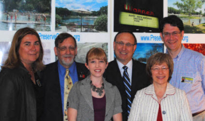 At Preservation New Jersey press conference in Trenton (L-R):<BR>Laurie Howard, Ridgewood Historian Joe Suplicki,<BR>Preservation NJ Programs Director Stephanie Cherry-Farmer,<BR>attorney Stuart Lieberman, Lucy Rieger, Alan Seiden,<BR>with Graydon photos in background