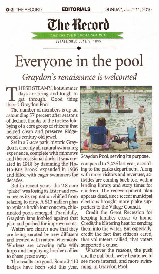 Record editorial from July 11 about Ridgewood's Graydon Pool: Graydon's Renaissance is Welcomed